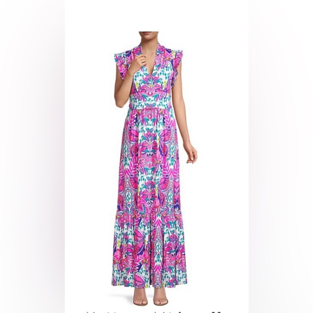 Lilly Pulitzer Adriann Floral Flutter-Sleeve Maxi Dress; size large